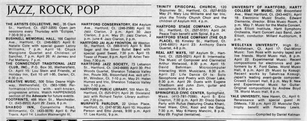 Hartford Advocate Jazz Listings for April 12, 1978